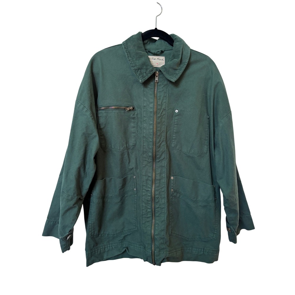 Free People Easy That Green Canvas Workwear Jacket Corduroy Collar Medium